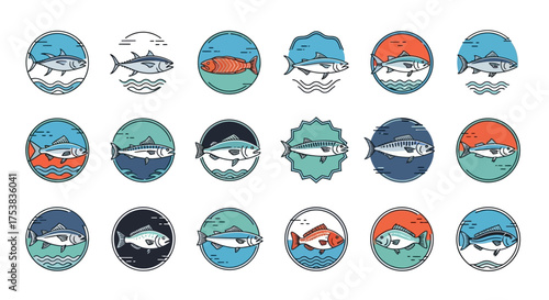 Collection of circular fish icons, each featuring a different fish species with wave designs and varied color palettes.