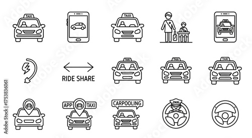 A collection of line art icons depicting various aspects of ride-sharing, taxis, carpooling, and related transportation concepts.