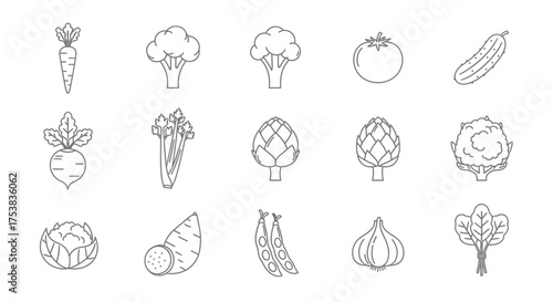 Line art illustration of various vegetables including carrots, broccoli, tomato, cucumber, beet, celery, artichoke, cabbage, yam, peas, garlic, and spinach.