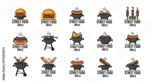 Collection of street food and grill logos featuring various food items cooking on charcoal grills and cookers.