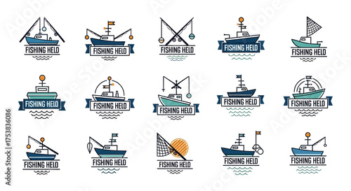 A collection of fifteen fishing-themed logo designs featuring boats, fishing rods, and banners with the text "FISHING HELL".