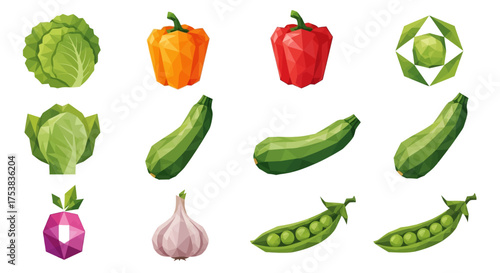 A collection of stylized vector illustrations featuring various vegetables, including cabbage, peppers, zucchini, garlic, and peas, presented in a geometric and organic style.