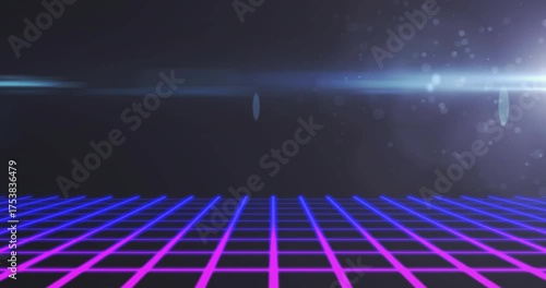 Horizontal lens flare streak appearing on neon grid floor and pulsing lights forming retro ambiance