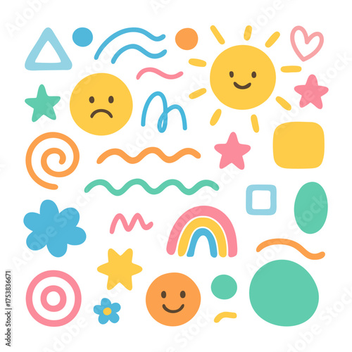 Minimal pastel doodle shapes with stars, hearts, planets, and abstract symbols in bright cheerful colors.
