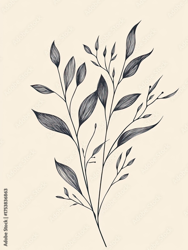 Naklejka premium A delicate illustration showcases a minimalist botanical design of elegant leaves and slender stems, perfectly blending simplicity and grace.