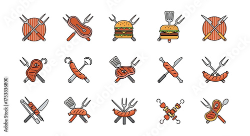 Collection of fifteen barbecue icons featuring various grilled meats, sausages, burgers, and skewers with crossed utensils.