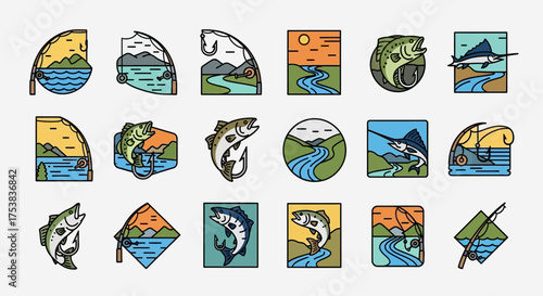 Collection of stylized fishing and outdoor themed icons featuring fish, rivers, mountains, and fishing gear in various geometric shapes.