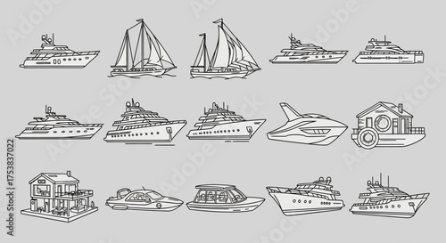 A collection of fifteen line art illustrations depicting various types of boats, yachts, sailboats, and futuristic watercraft arranged in rows.