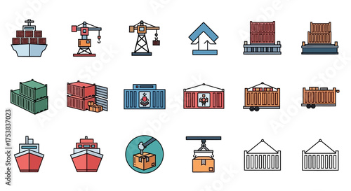Collection of vector icons depicting shipping, cargo, containers, cranes, and transport vessels on a white background.