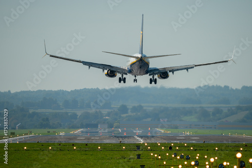 A passenger plane approaching landing at Krakow Balice Airport