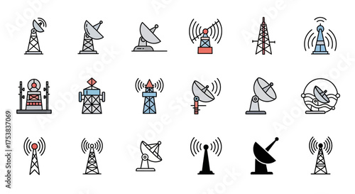 A collection of illustrated antenna and tower icons in various styles, depicting communication and broadcasting technology.