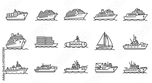 A collection of fifteen different types of ships and boats depicted as simple, outlined vector icons on a white background.
