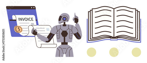 Humanoid robot managing invoices on a platform, analyzing data, and referencing information from an open book. Ideal for finance, automation, AI, education, knowledge management, technology