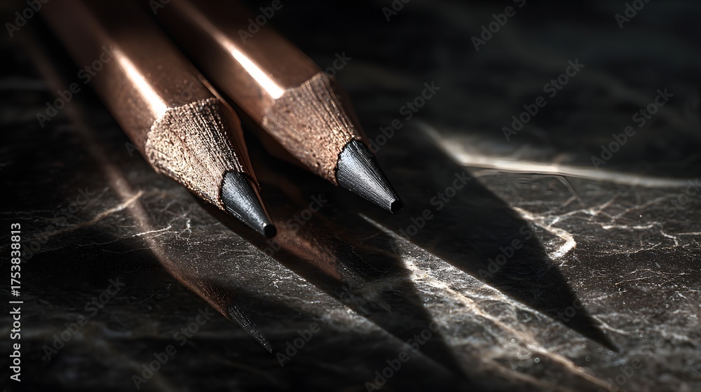 Naklejka premium Two sharpened graphite pencils rest on a dark marbled surface with dramatic shadows.