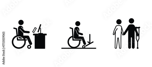 Disabled Person at Work and Assistance Icons Vector Illustration