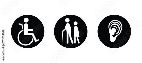 Disability, Elderly, and Hearing Icons in Black Circles Vector