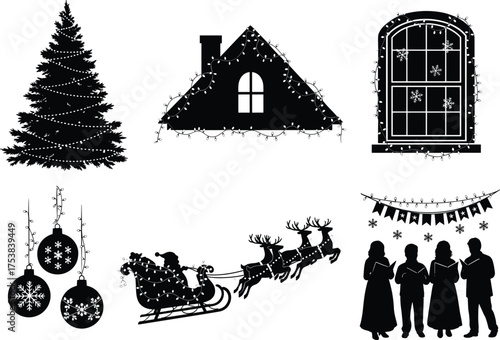 Christmas silhouette set with Santa sleigh, house, ornaments, carol singers, window, tree, garland, holiday vector decorations bundle