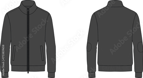 Bomber jacket technical sketch, fashion flat design, high collar, zipper closure, elbow patches, ribbed cuffs, front and back view