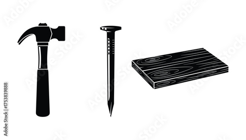 Hammer, nail, and wooden board tools set