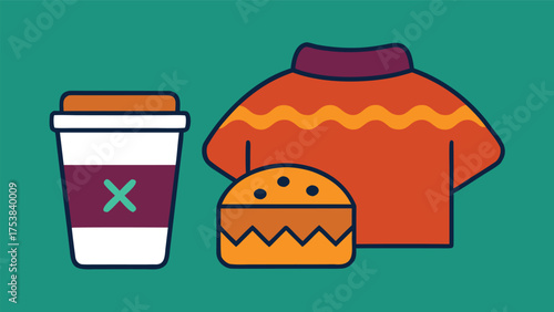 Vector art of a cozy arrangement of coffee, burger, and sweater on a green background in a flat design style illustration