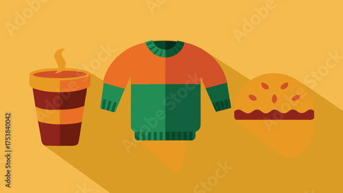 Vector art of coffee, sweater, and pie with long shadows on a yellow background in a retro style illustration