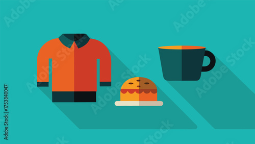 Vector art of a cozy autumn scene with a sweater, pie, and coffee mug, perfect for a relaxing fall day, casting long shadows on a teal background