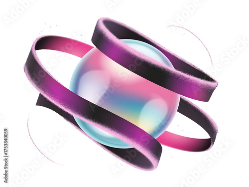 Iridescent 3D sphere wrapped by a dark textured purple ribbon, symbolizing abstract technology and cosmic energy.