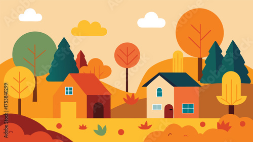 Vector art of autumn landscape with houses, trees, hills and clouds in flat design style with warm colors and a peaceful atmosphere