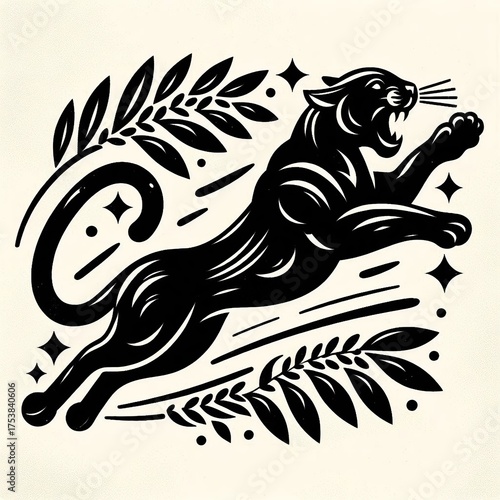 Elegant black panther leaping forward with determination and strength, surrounded by laurel leaves and stars for a powerful emblem or design element