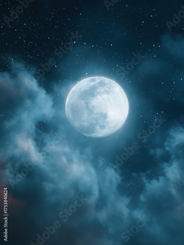 Wallpaper Mural A luminous full moon shines brightly amidst a starry night sky, surrounded by soft, wispy clouds, evoking a mystical celestial atmosphere. Torontodigital.ca