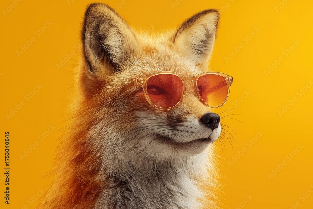Obraz premium A fox wearing pink sunglasses against a bright yellow background, giving a cool and stylish appearance.