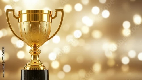 Golden trophy cup on gold bokeh background