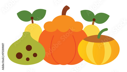 Vector art of colorful cartoon fruits illustration featuring a pumpkin and pears, ideal for childrens books and educational resources