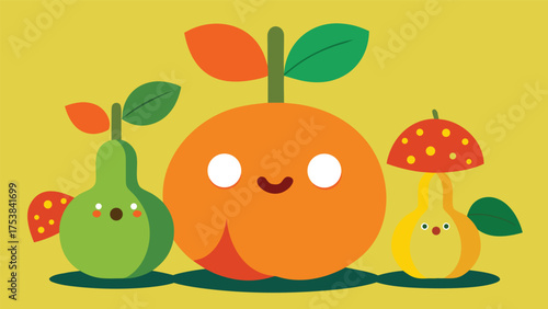 Vector art of charming cartoon fruits illustration featuring a peach, pear, and mushroom pear, perfect for childrens books and educational materials