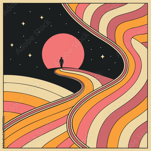 Solitary figure walking on a winding path towards a large pink moon
