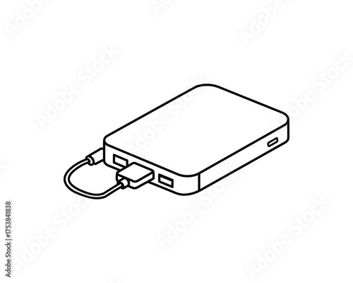 Power Bank Outline with Cable, Vector Illustration