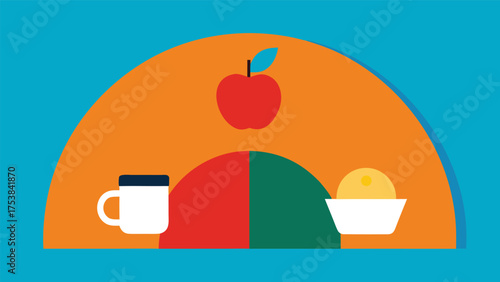 Vector art of healthy food concept with apple, cup and ice cream isolated on blue background for diet and nutrition illustration