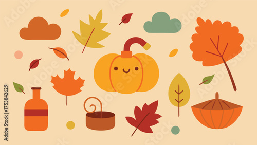 Vector art of a charming autumn vector illustration featuring a cute pumpkin, colorful leaves, clouds, and other seasonal elements on a beige background