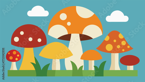 Vector art of a whimsical collection of colorful mushrooms in a flat vector illustration against a serene blue backdrop with fluffy clouds