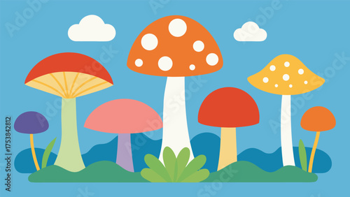Vector art of variety of colorful mushrooms with different shapes and sizes on a blue background with clouds in flat style