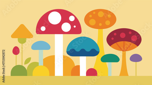 Vector art of a colorful collection of whimsical mushrooms in a flat vector illustration against a soft yellow background creating a playful scene