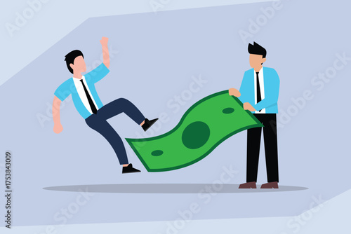 Businessmen playing "toss and catch" with a large dollar bill, symbolizing money games, financial risk, market volatility, and the circulation or exchange of cash 2d flat vector illustrations