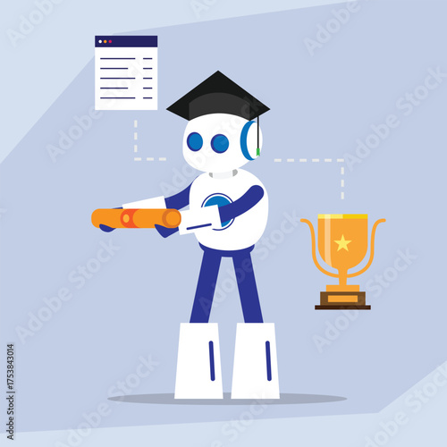 Graduating robot holding a diploma and standing next to a trophy, symbolizing the future of education, AI learning, technological achievement, and robotic excellence 2d flat vector illustrations