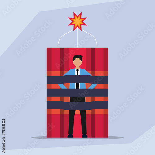 Businessman tied to a dynamite stick with a lit fuse, representing high-pressure, dangerous business situations, and time-sensitive financial deadlines 2d flat vector illustrations