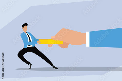 Businessman in a tug of war with a giant hand over a financial bar, representing business conflict, negotiation, power struggle, and financial competition 2d flat vector illustrations