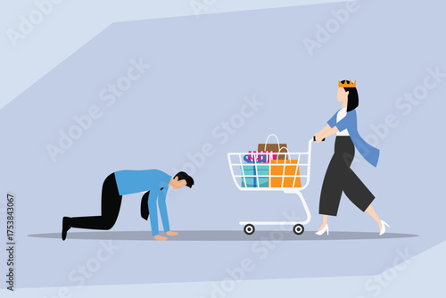 Woman wearing a crown pushing an overflowing shopping cart past an exhausted man on the floor 2d flat vector illustrations