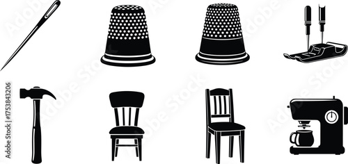 Black silhouette vector of sewing needle, thimbles, hammer, sewing foot, chairs, coffee machine, household tools and furniture illustration