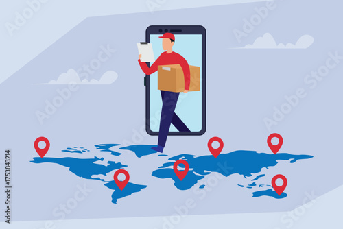 Delivery man with a package stepping out of a smartphone onto a world map with location pins