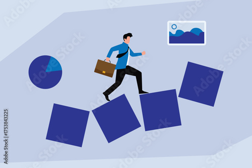 Businessman walking up floating square steps with business charts, symbolizing career progress, data-driven strategy, financial growth, and step-by-step achievement 2d flat vector illustrations