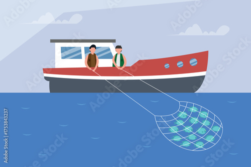 Fishermen on a boat casting a net and catching a large school of fish in the ocean